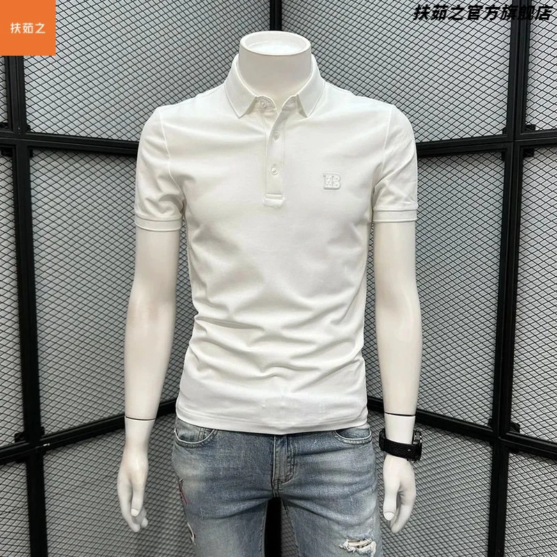 潮牌时尚百搭男士衫短袖青年新款刺绣潮流修身翻领上衣体恤衫