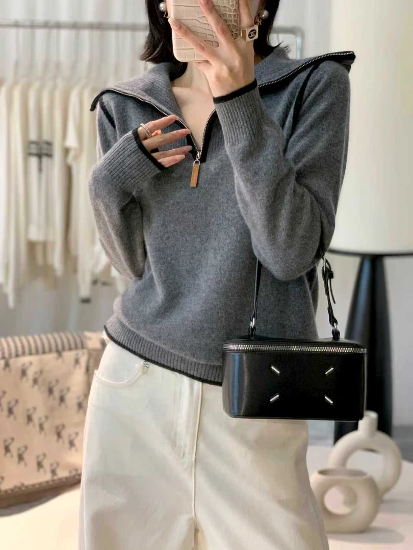 秋冬新款100%纯羊绒半拉链宽松型女慵懒风针织羊绒衫8977