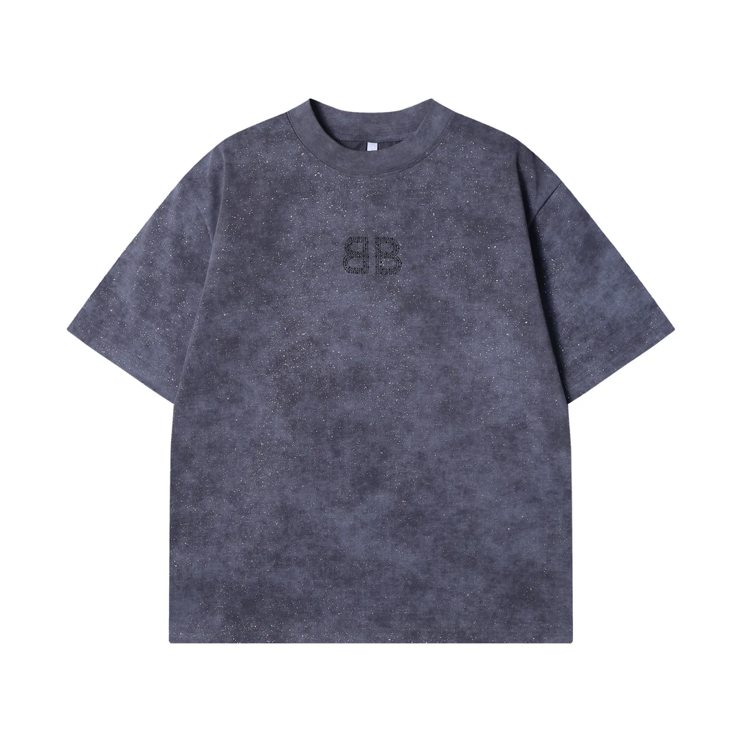 夏季高级感新款潮牌扎染满天星珠子字母圆领短袖T恤宽松百搭上衣