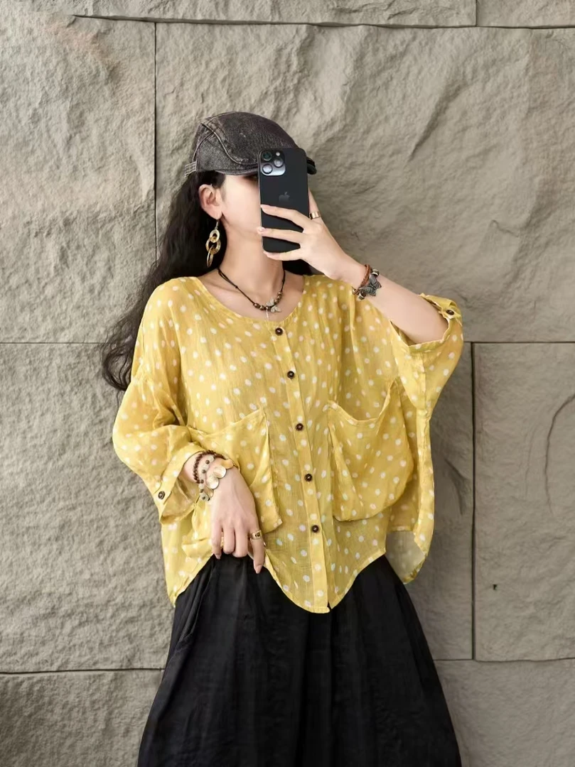 波点苎麻短袖衬衫夏季文艺宽松轻薄小衫