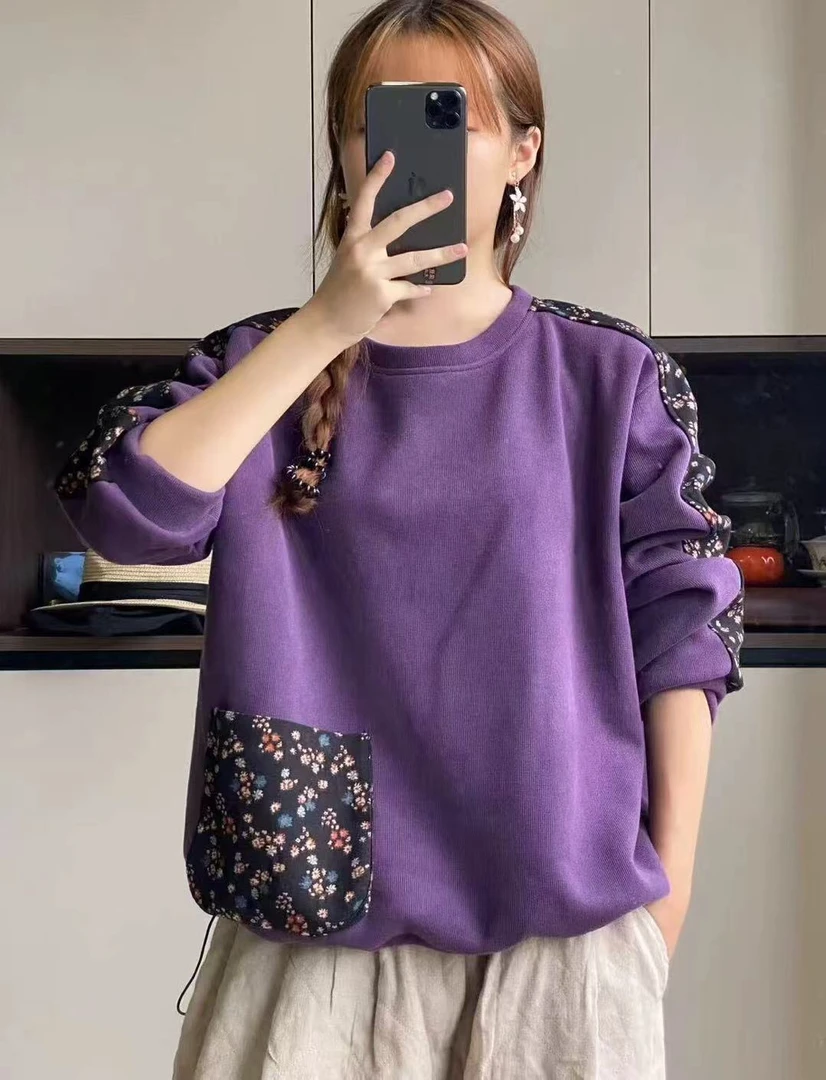 冬季加绒保暖植物花卉印花中国风圆领卫衣长袖保暖休闲风女