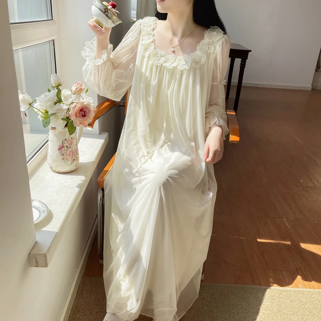 长袖睡裙女2025年春秋新款网纱莫代尔公主风带胸垫仙气睡衣家居服