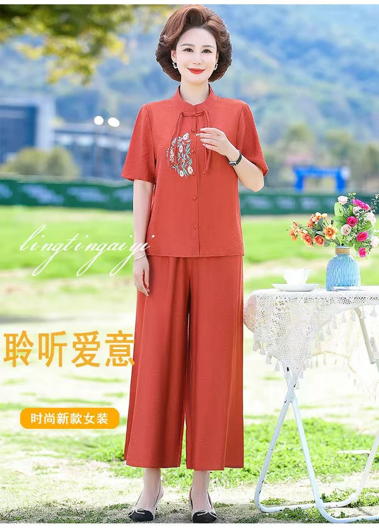 6067-新款妈妈装夏季棉短袖中老年国风洋气T恤衬衫套装母亲节