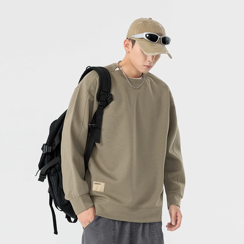 男装百搭长袖假两件休闲卫衣男春秋新款圆领宽松纯色潮牌男士上衣