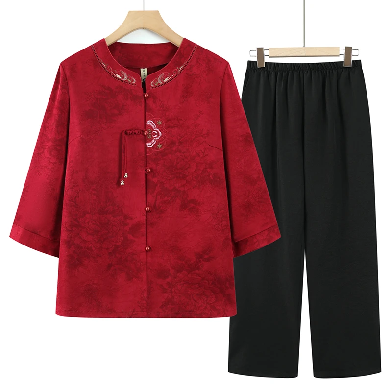 奶奶装夏季七分袖衬衫套装中老年人妈妈唐装绣花上衣女老太太衣服