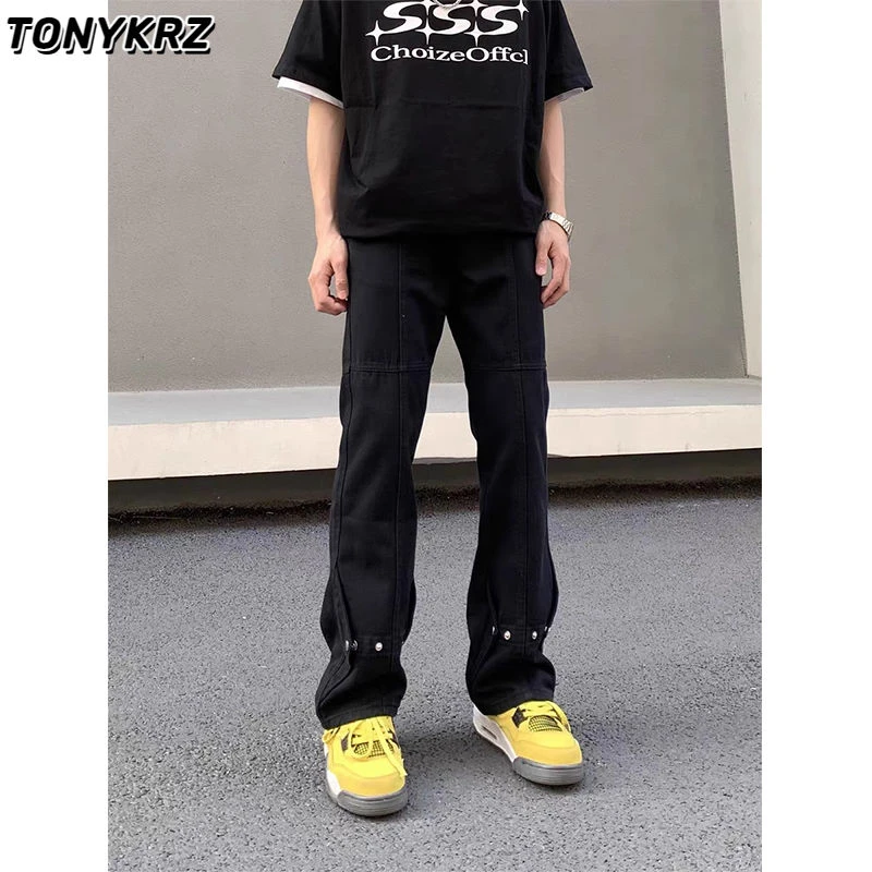 TONYKRZ美式高街vibe风黑色排扣小众牛仔裤男潮牌痞帅宽松炸街裤