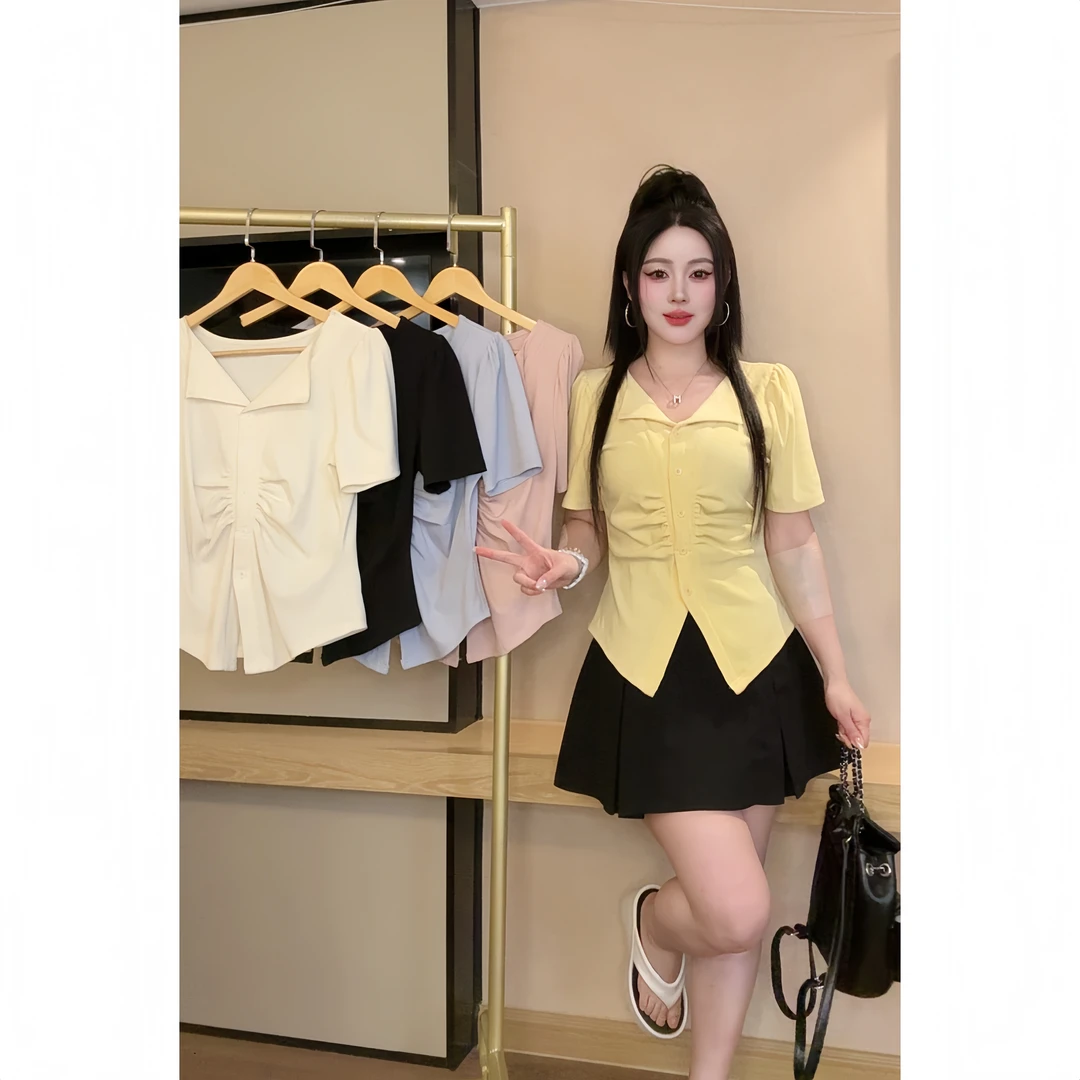 【现货】大码胖mm春夏季装多巴胺修身穿搭短袖t恤气质显瘦百搭上衣