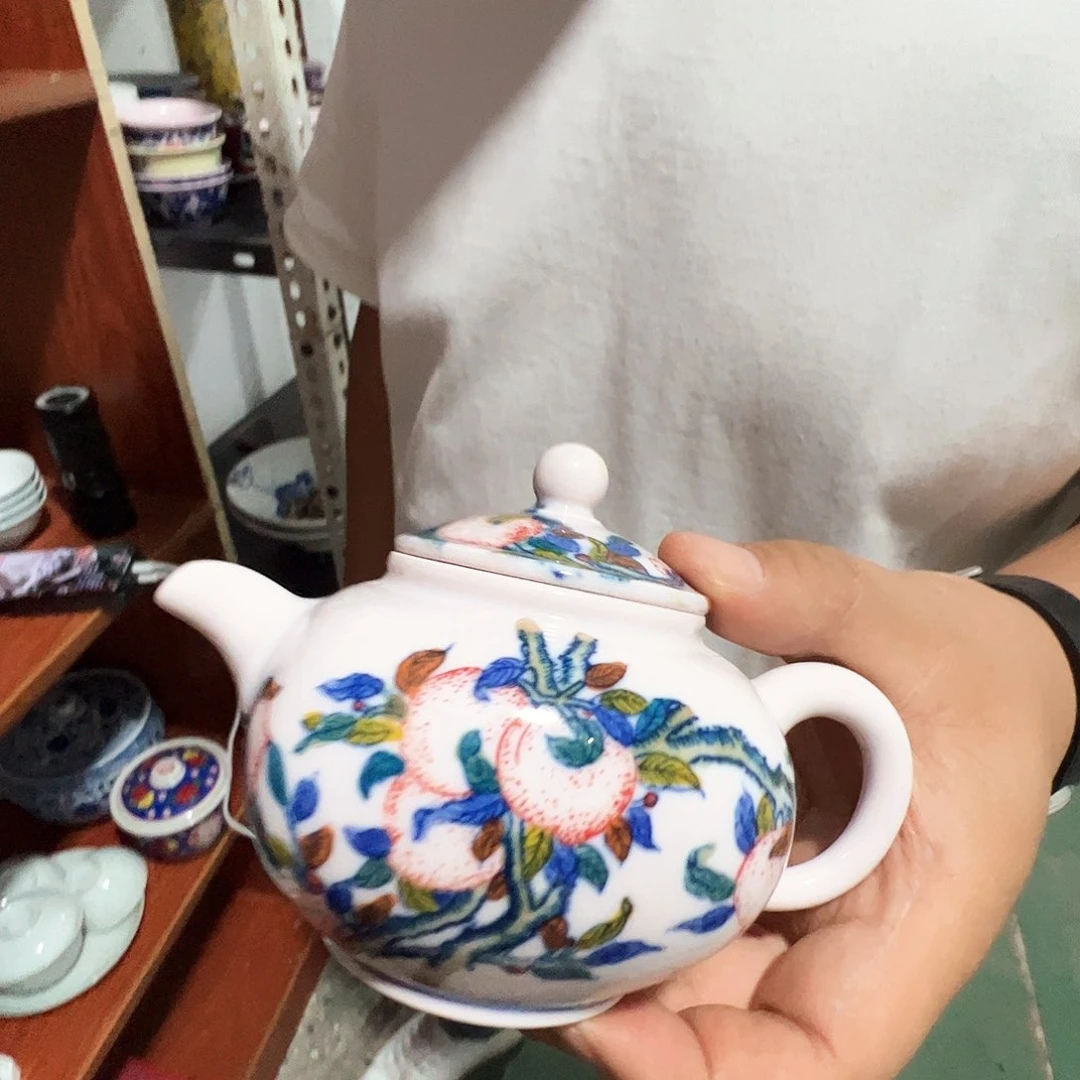 瓷片景德镇陶瓷红希希粉桃四方壶一只