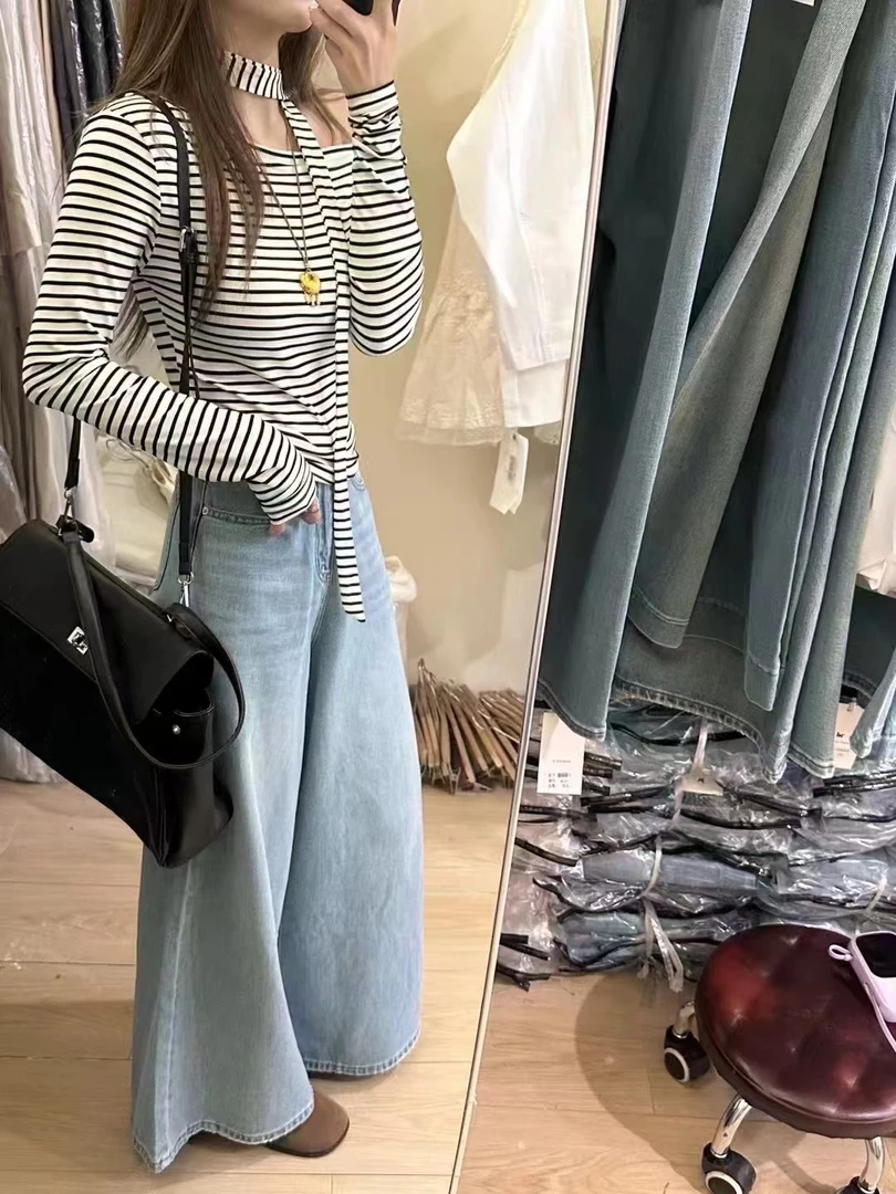 2025早春韩系纯欲露肩条纹飘带修身一字领长袖T恤