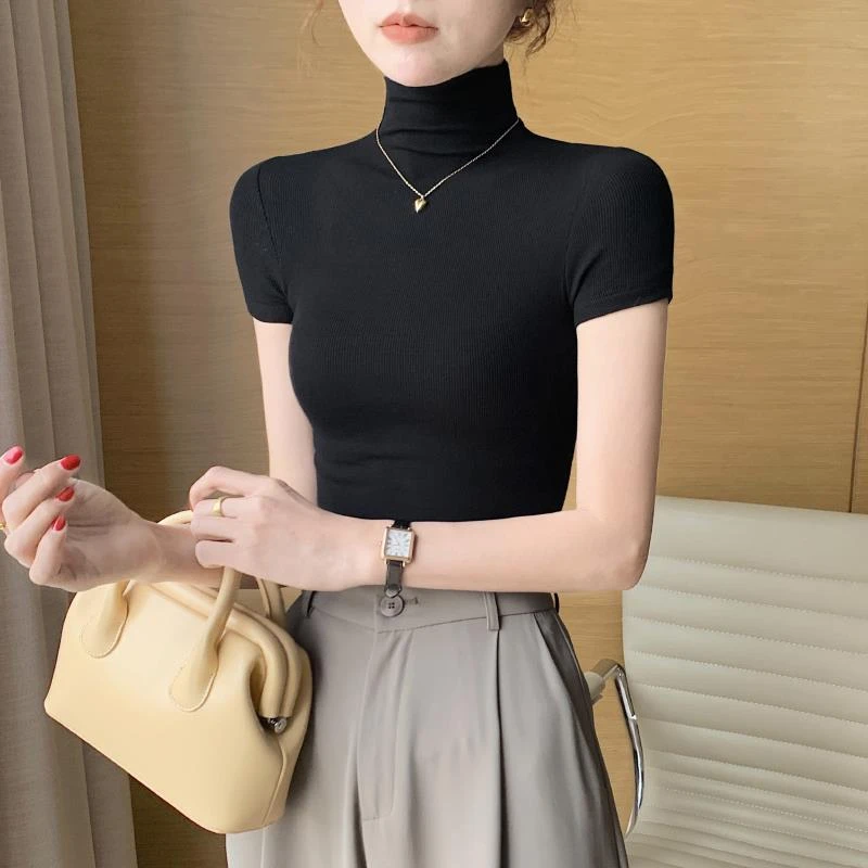 黑色针织半高领短袖恤打底衫女夏2024新款洋秋冬西大码针织内搭