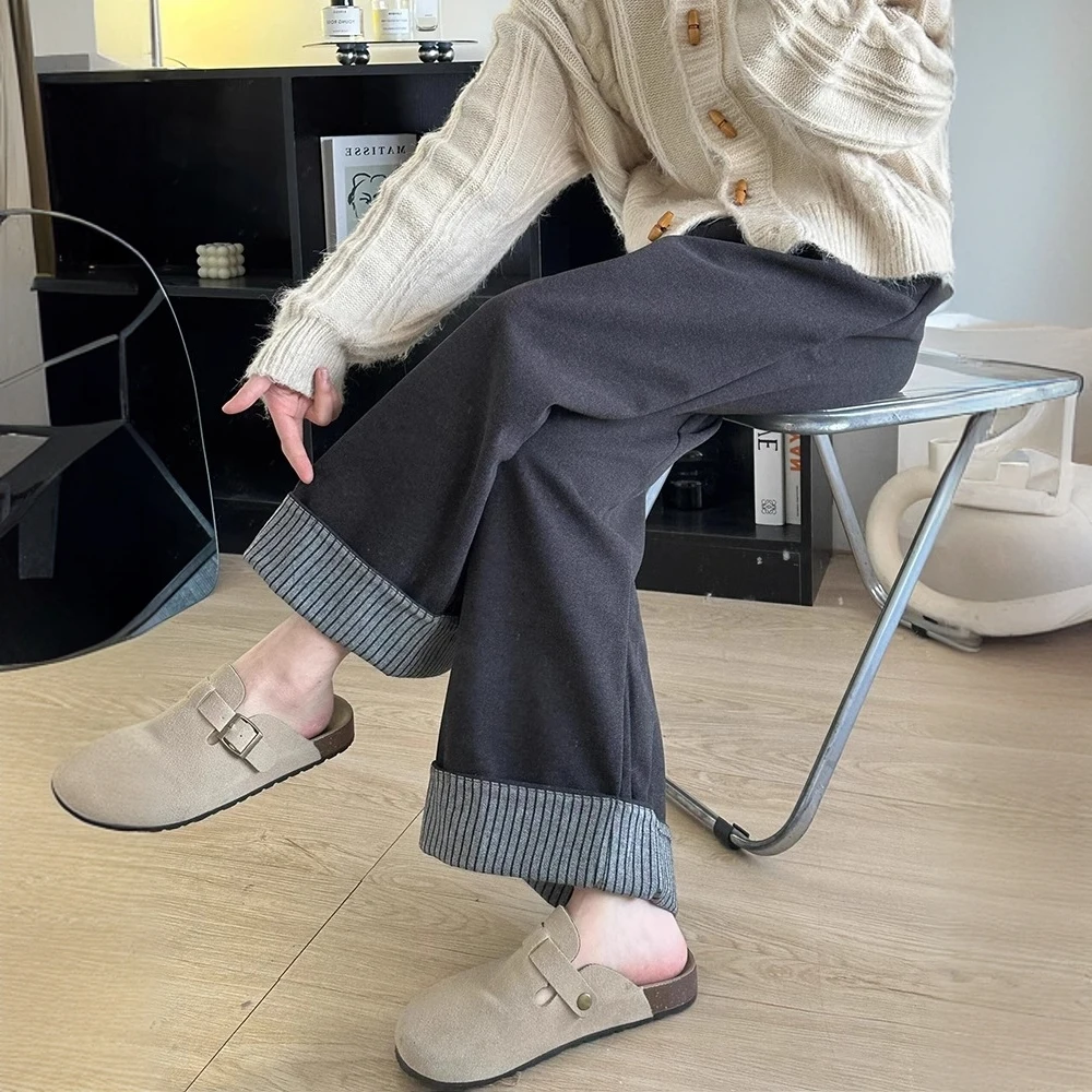 条纹卷边毛呢阔腿裤女秋冬款梨型小个子显瘦慵懒感高腰灰色休闲裤