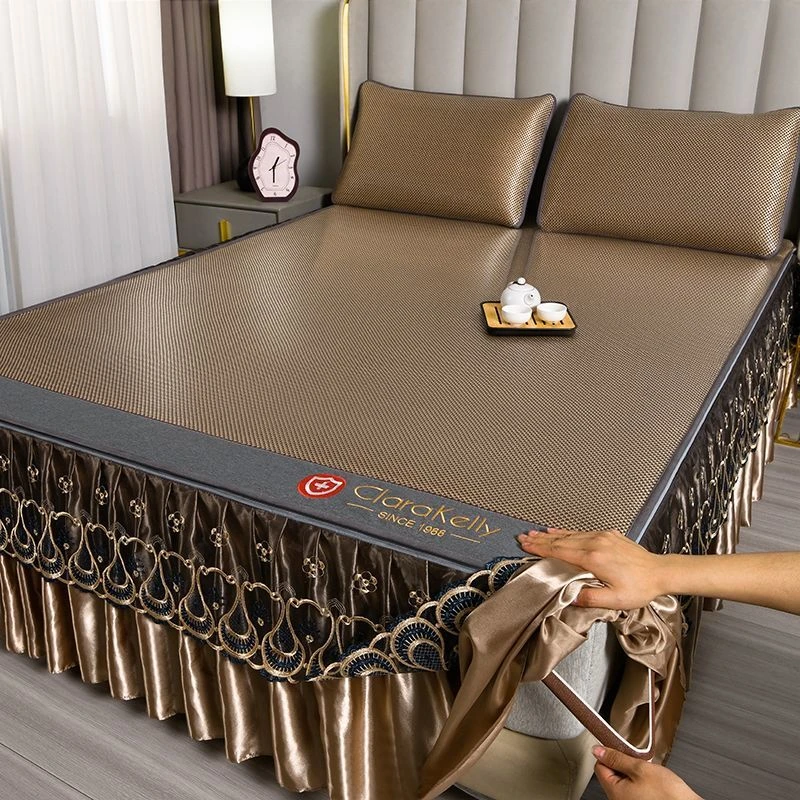 冰丝床裙藤席三件套可拆卸裙款折叠冰藤席夏季水洗空调凉席席子