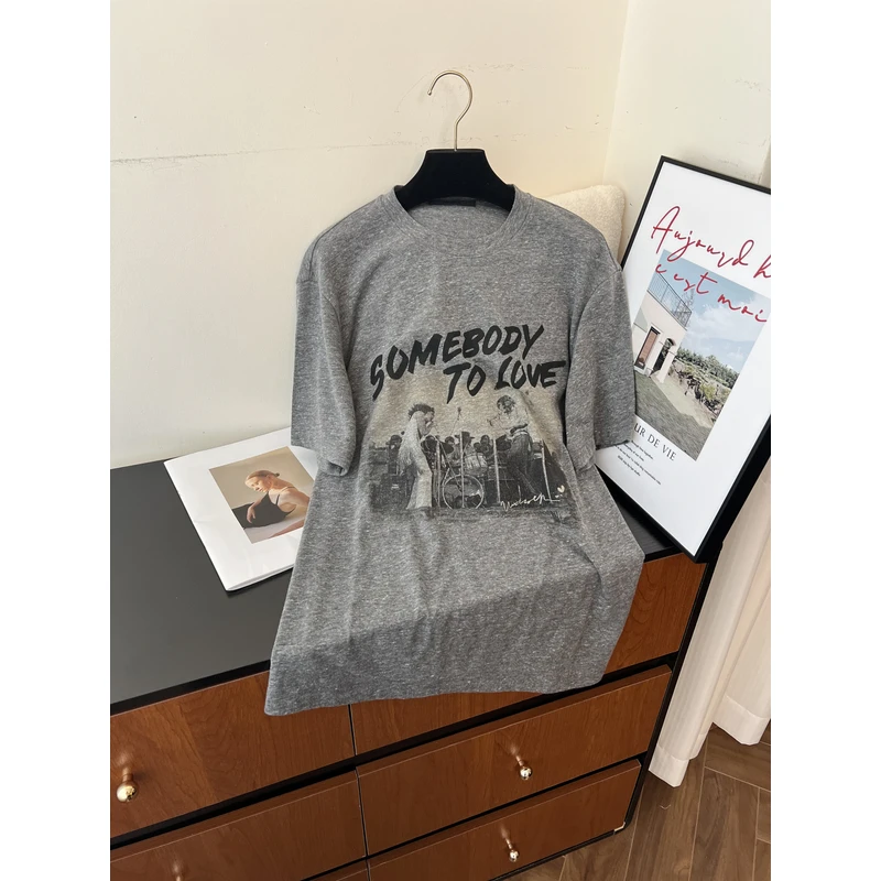 春夏摇滚做旧印花宽松时尚短袖圆领上衣百搭T恤2502149