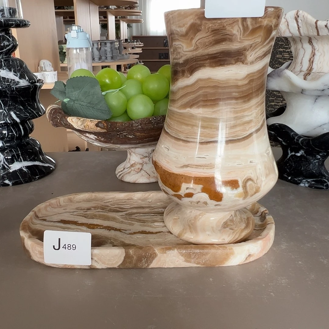 石材J489-J490云中玉干插花瓶+托盘组合