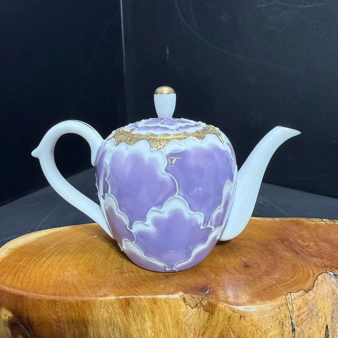 描金满色釉下彩紫牡丹提梁茶壶