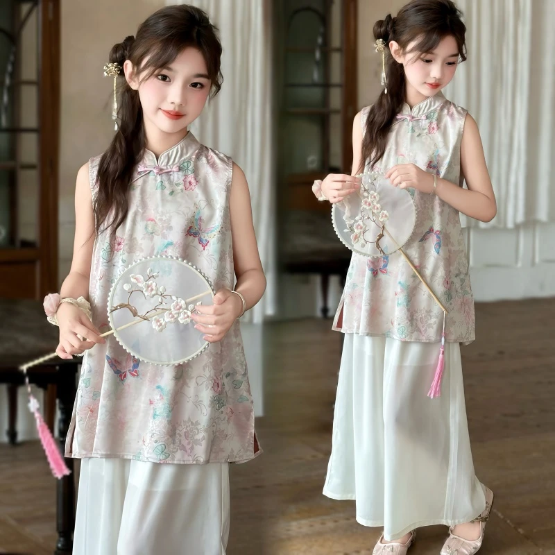 女童新中式国风套装2025新款夏季无袖旗袍上衣儿童阔腿裤两件套潮