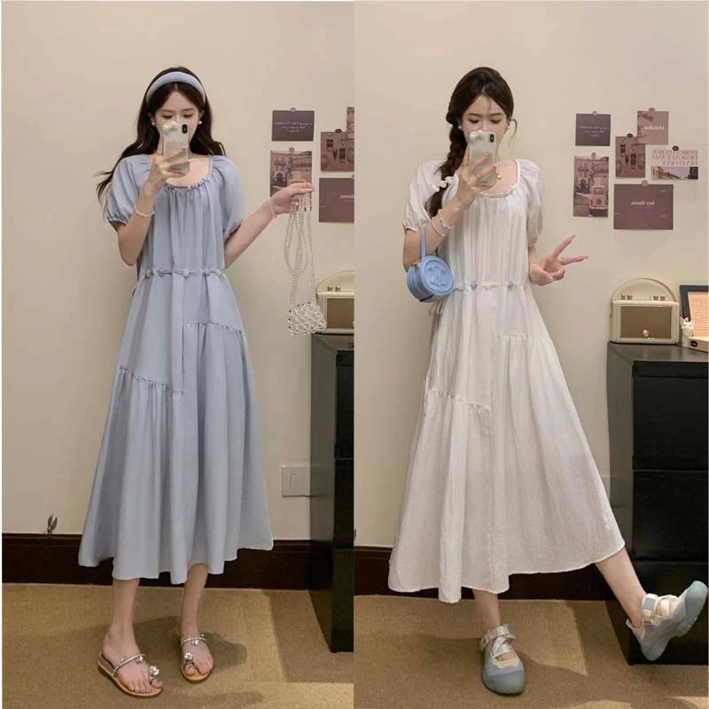 夏季新款不规则圆领钉珠宽松A版连衣裙遮肉百搭长裙-NMDM7313