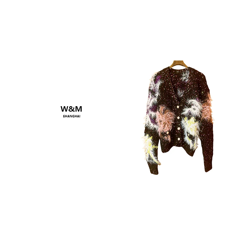 S012-简奢风重工流苏外套女冬季新款亮片羊毛针织开衫约会宴会款