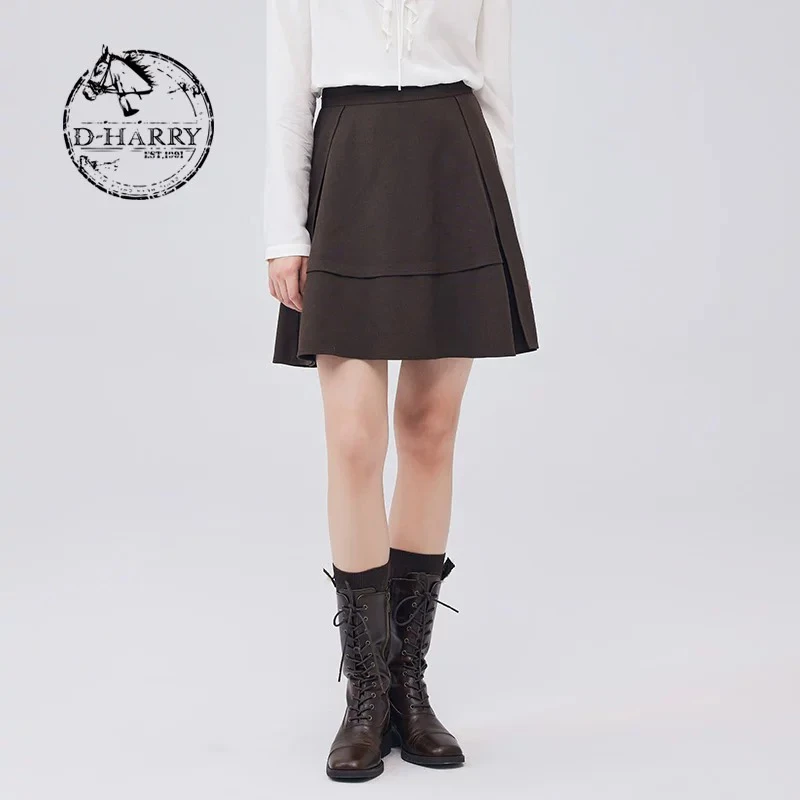 D-HARRY/迪哈利2023秋新款复古文艺高腰减龄咖色半裙DH233M96367D