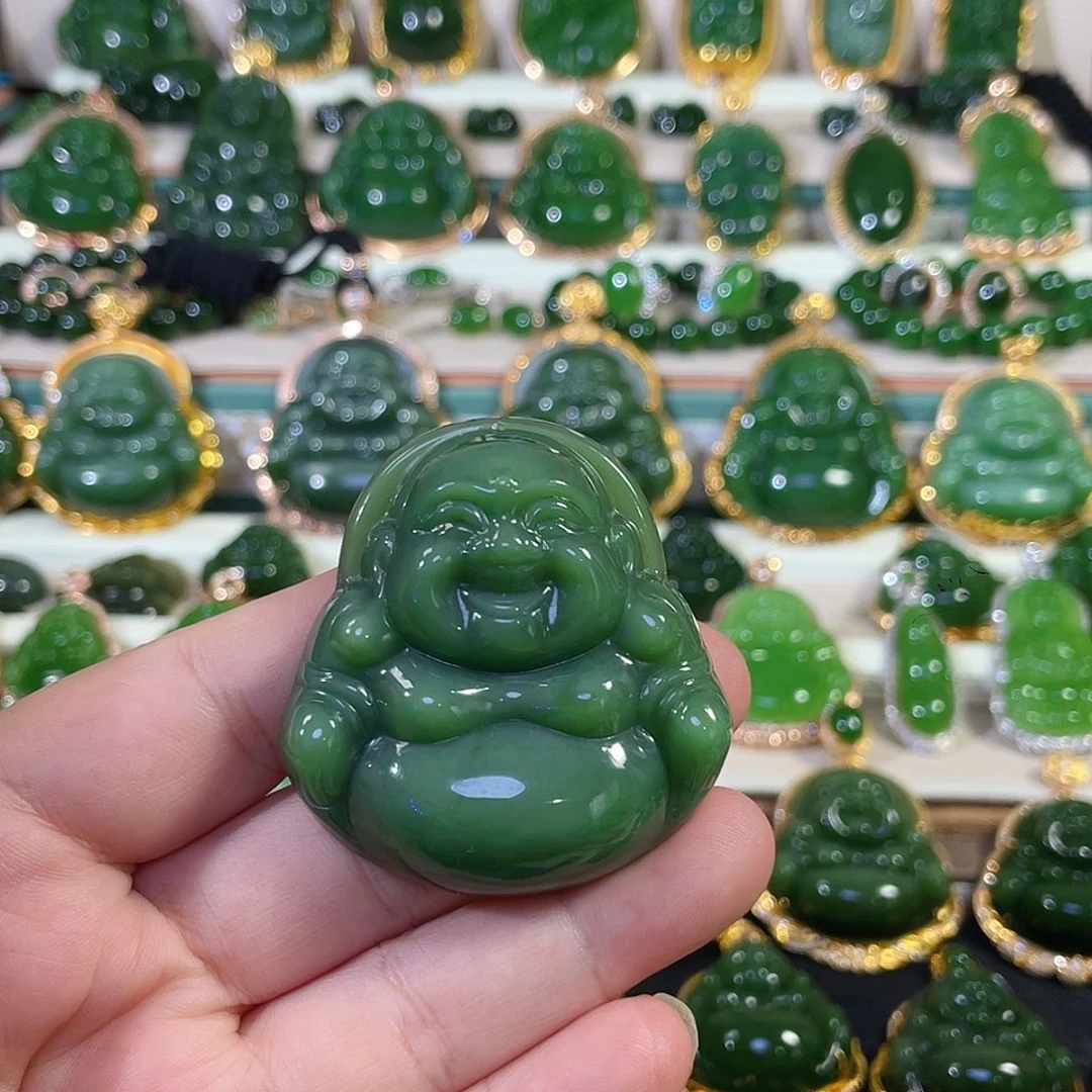 和田玉（碧玉）未镶嵌颈饰粉绿佛公50mm
