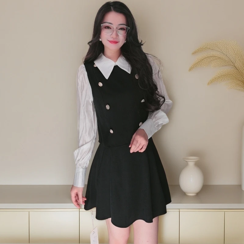 【桑桑】【两件套】2025秋季新款拼接衬衫+百褶半裙时尚套装女2186