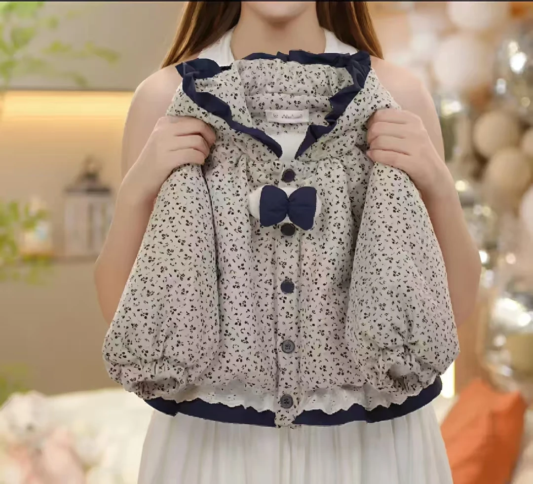 女童秋冬季棉服加厚洋气外套2025新款儿童韩版连帽碎花蝴蝶结棉衣