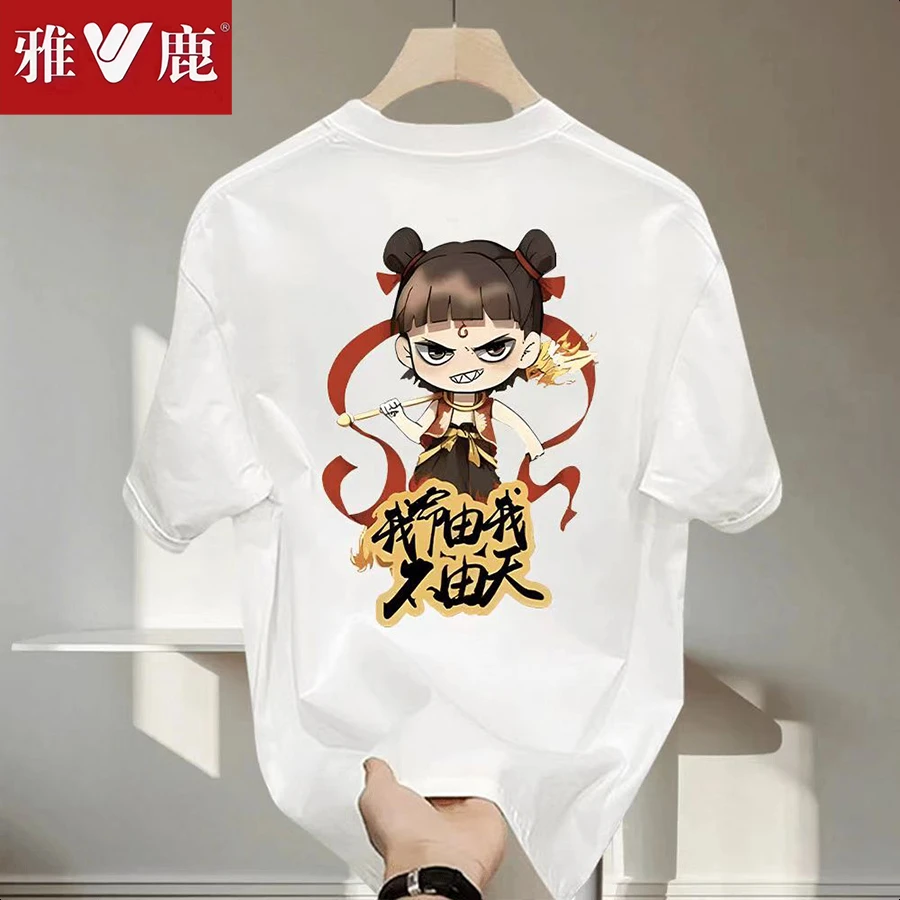 雅鹿重磅纯棉短袖t恤男士夏季韩版宽松潮流休闲时尚印花圆领T恤男