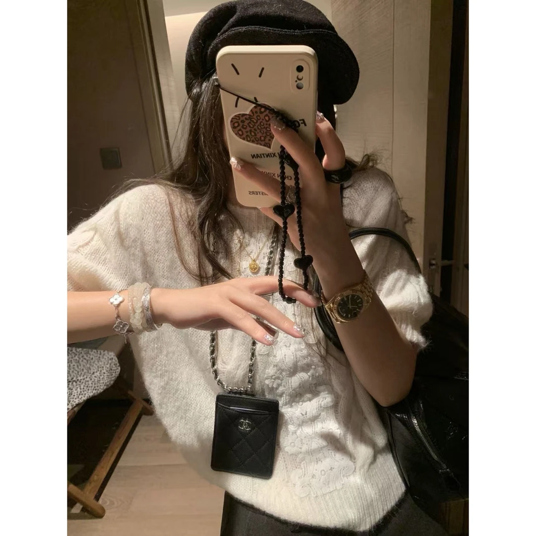 SP 白色勾花短袖毛衣女早秋短款软糯时髦针织衫上衣内搭