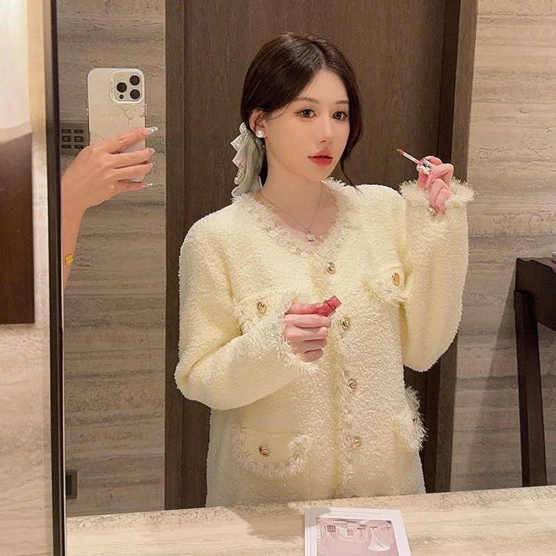 GIOIO小香风睡衣女2025秋冬新款半边绒米白色秋冬金丝绒男士睡衣