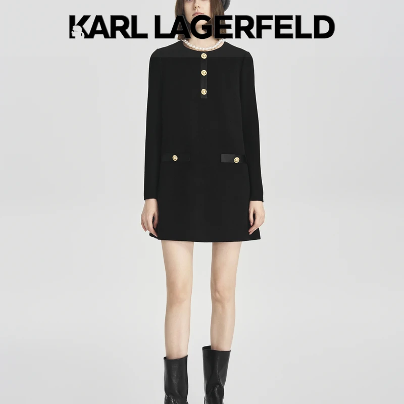 KARL LAGERFELD毛织袖拼接双袋羊毛连衣裙M27E1343