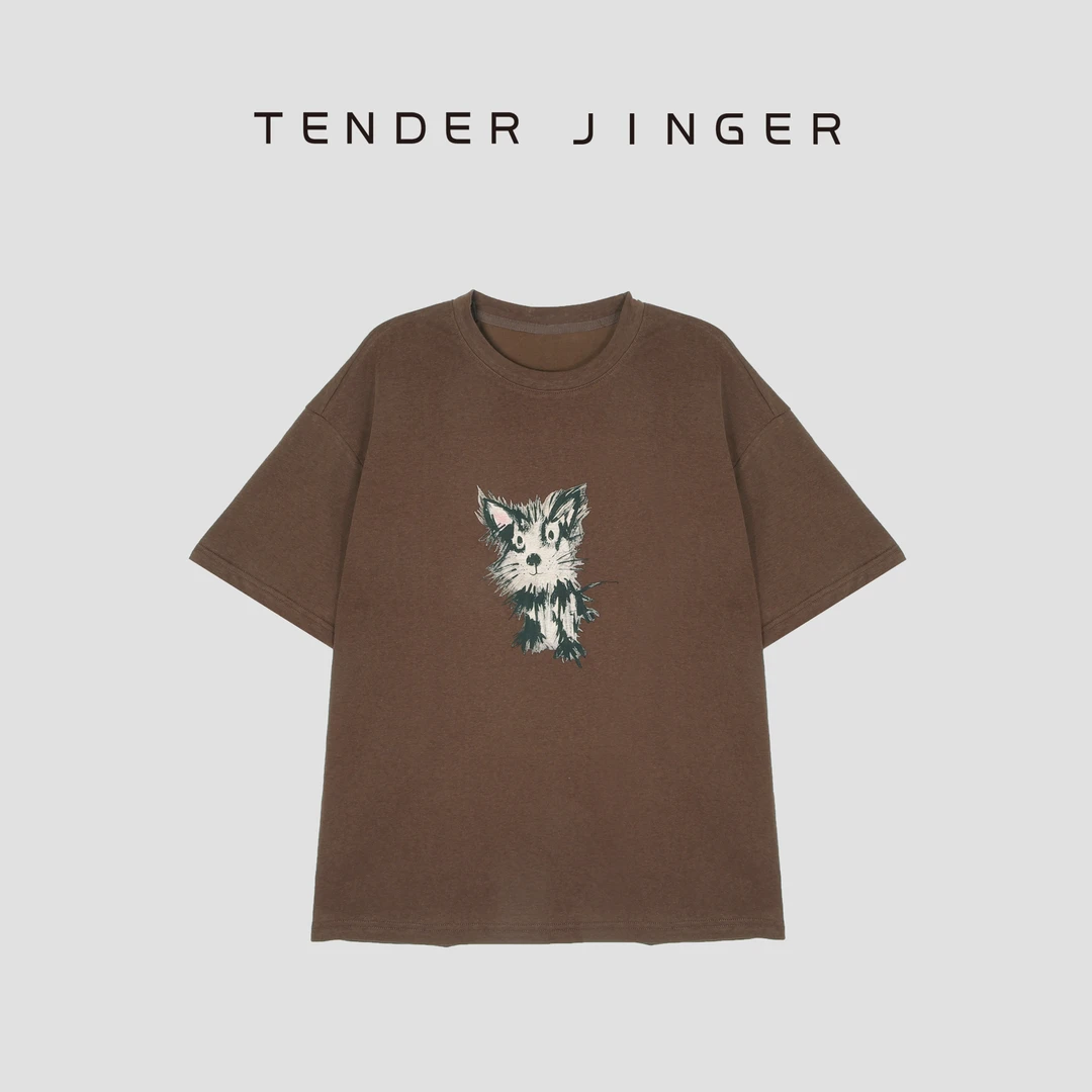Tender Jinger圆领宽松卡通猫咪印花短袖T52XXQ30122
