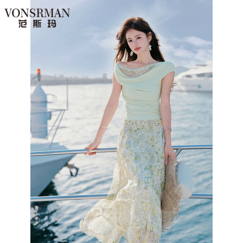 2025新款时尚气质 度假风植物系印花木耳边法式方领吊带 VONSRMAN