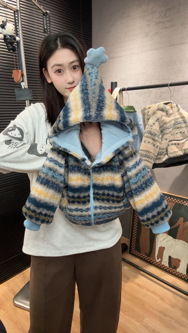 现货YT122025冬季新款费尔岛风格连帽加绒卫衣慵懒宽松上衣男女童