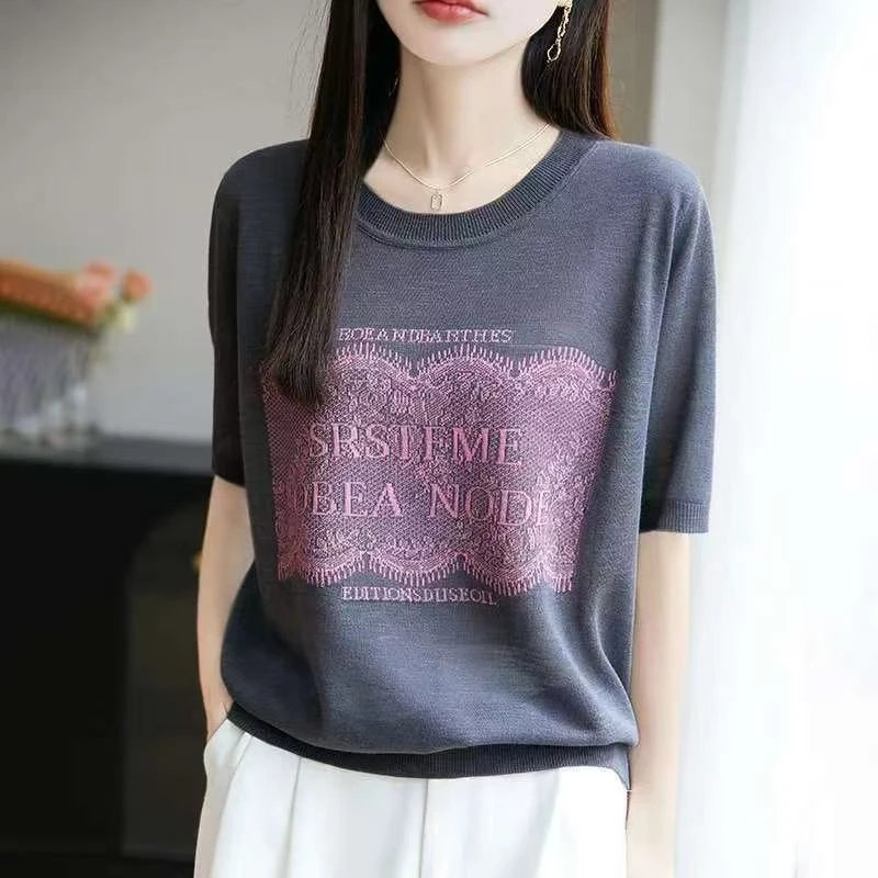 夏季新款时尚气质提花针织衫短袖女宽松显瘦百搭休闲上衣女装T恤M