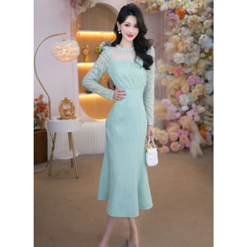 2026春季新款女装时尚气质修身显瘦长袖高贵法式鱼尾连衣裙25360L