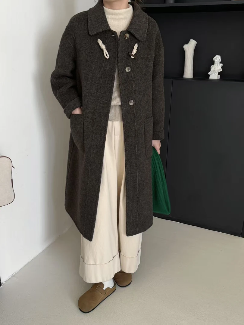 D890长款毛呢外套外套毛呢通勤翻领女常规秋冬百搭设计师