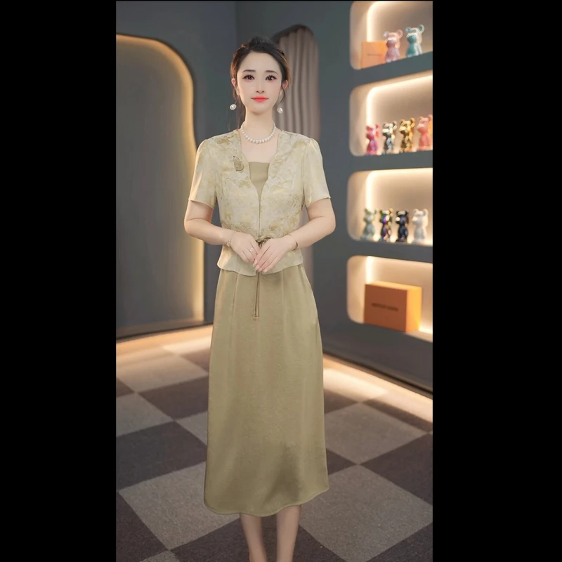 绿卡其夏季新款高档气质假两件连衣裙贵妇女神遮肉显瘦裙子-LYQ