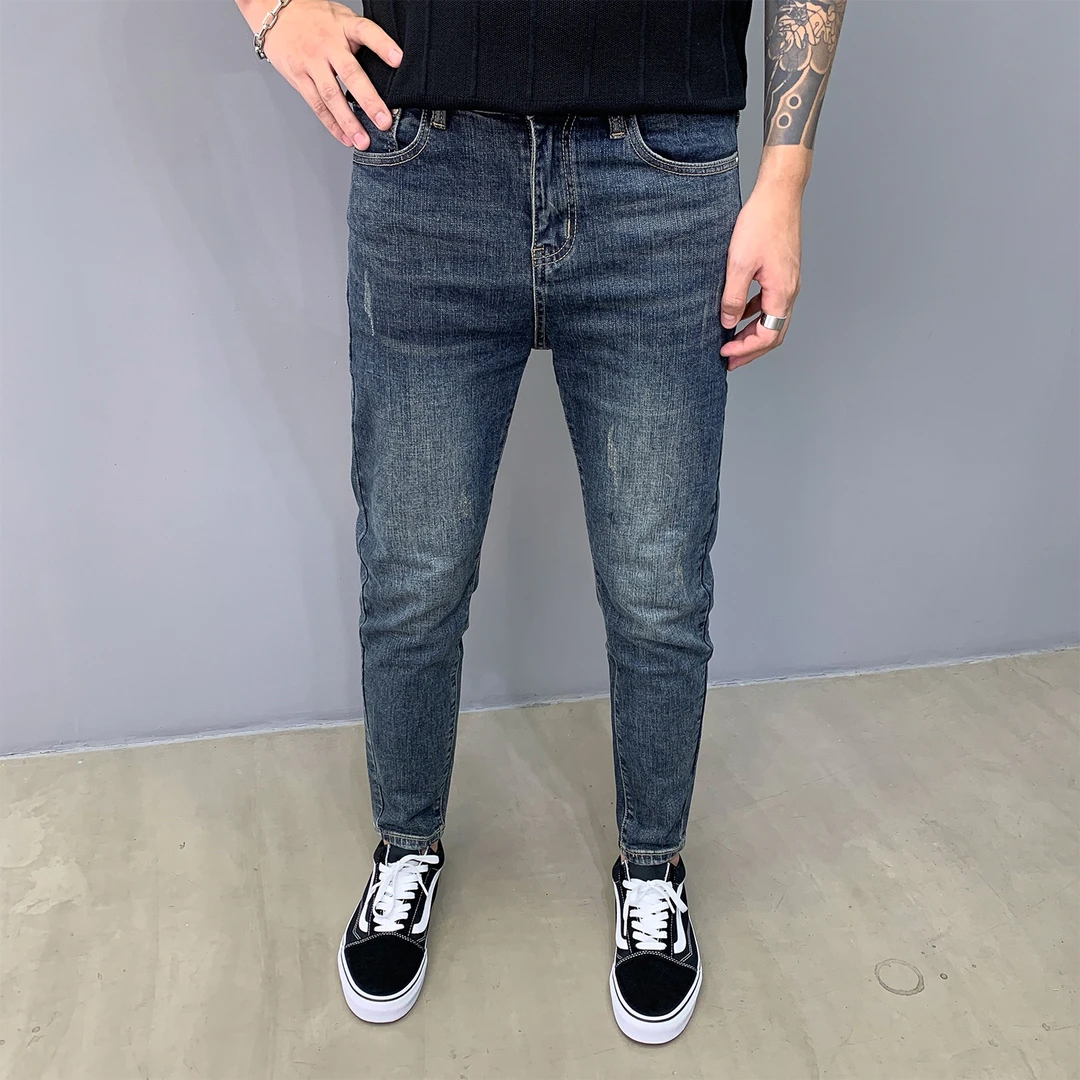 做旧复古蓝色牛仔裤男士高端简约修身秋季新款百搭小脚长裤弹力