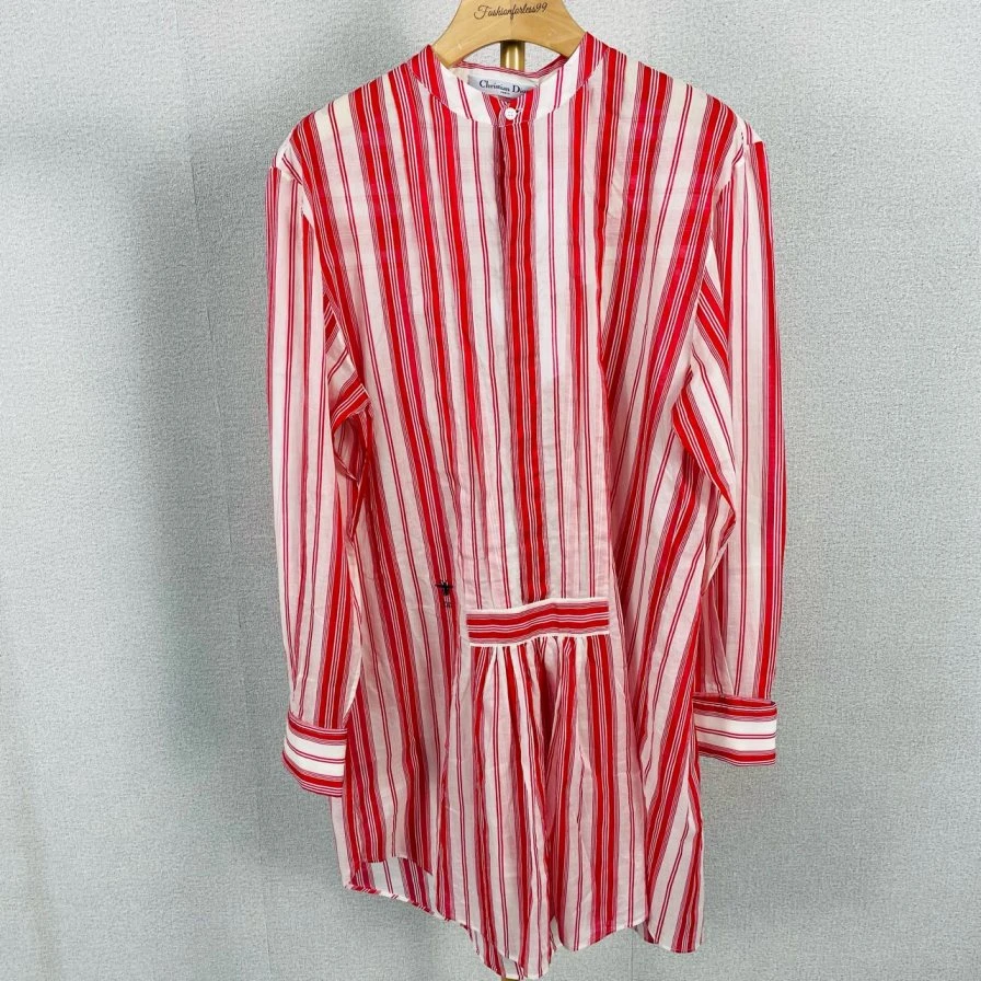 未使用 DIOR/迪奥 Dior 红色蜜蜂刺绣条纹棉质长袖衬衫连衣裙/36