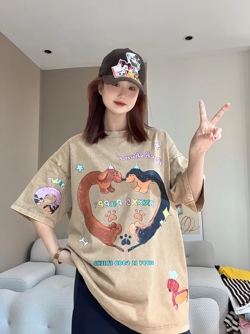 【FANG方方】新款韩版2025夏季复古水洗短袖T恤卡通爱心短袖