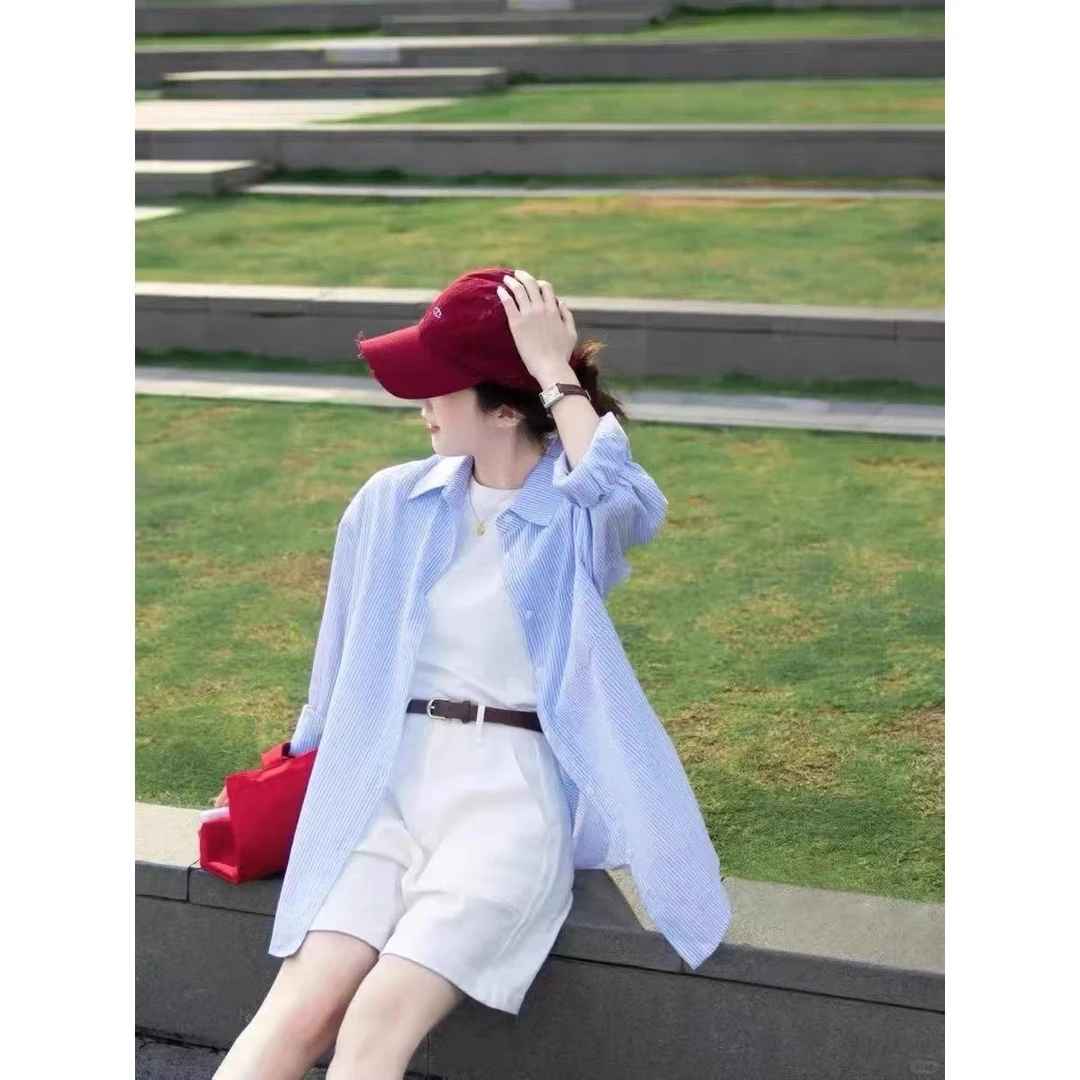 蓝白条纹长袖衬衫外套女春秋外搭宽松显瘦薄款日系复古开衫衬衣潮