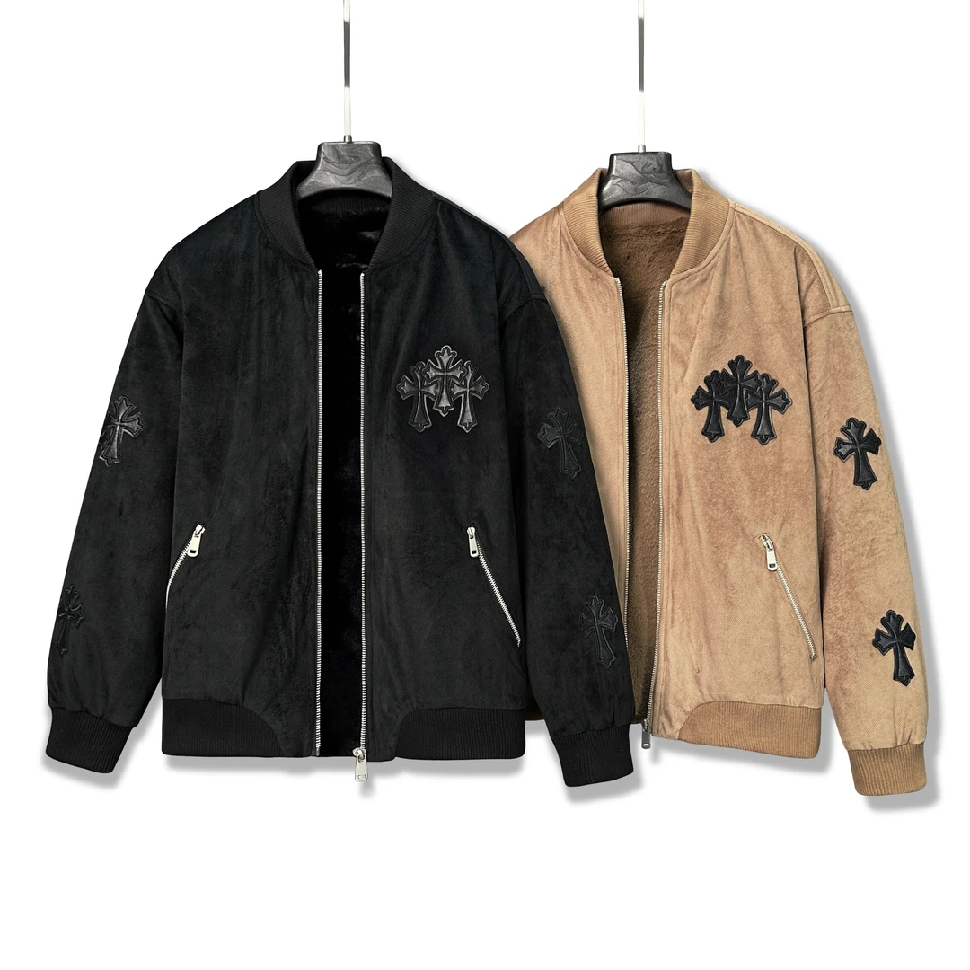 CB-8882-冬季新款重工时尚百搭皮牌刺绣假两件二棉外套