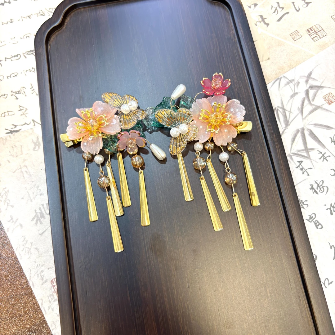 【云鬓花颜阁琉璃发夹】金缕蝶花对夹爆款新中式汉服古风发饰B138