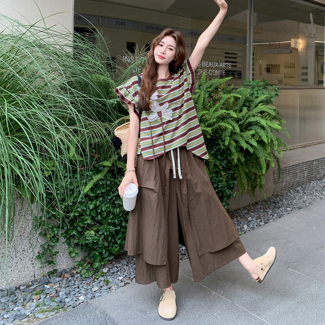设计感不规则条纹T恤套装女2025夏季新款复古休闲阔腿裙裤两件套