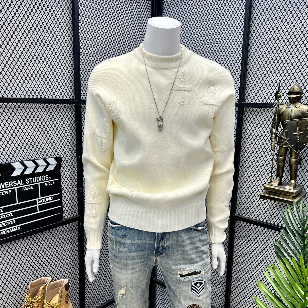 男士提花毛衣2025新款秋冬季加厚线衣内搭打底线衫潮牌十字针织衫