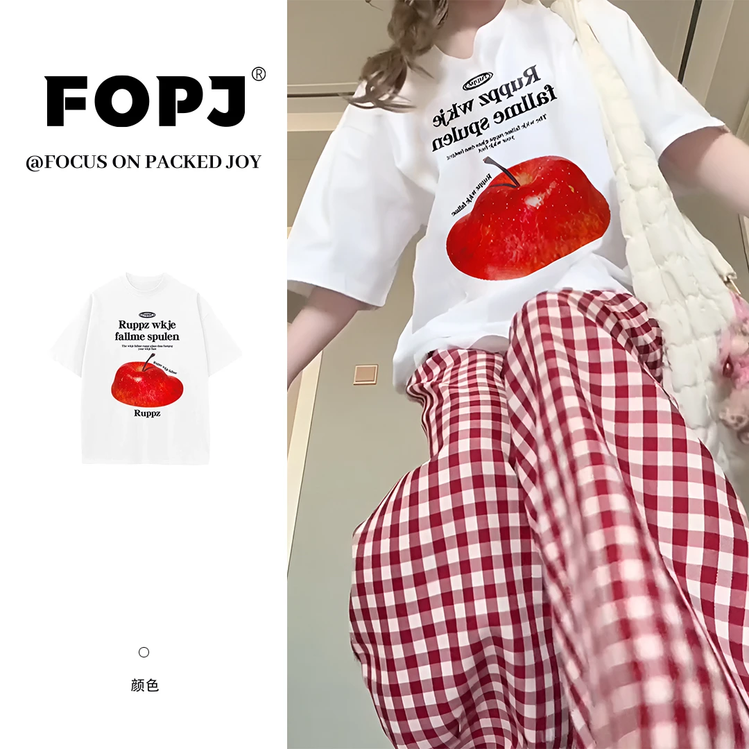 FOPJ夏季纯棉短袖t恤女设计感苹果印花时尚百搭个性慵懒风ins上衣