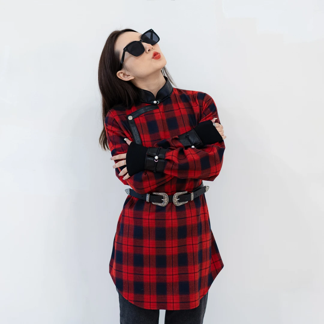 中款格子衫外套（活动不含腰带）