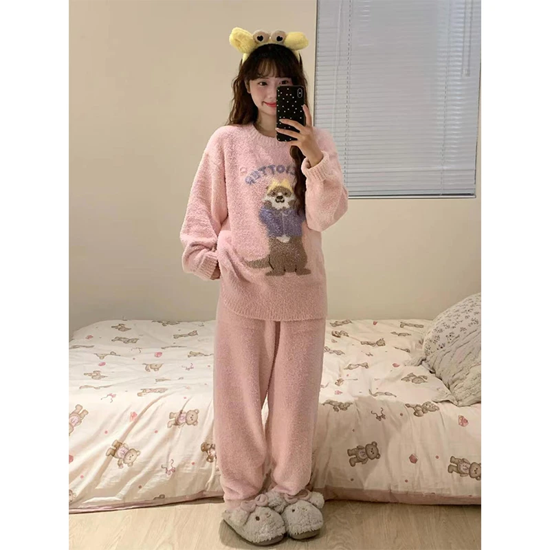 可爱甜美小水獭半边绒睡衣女冬季新款休闲保暖加厚长裤家居服套装