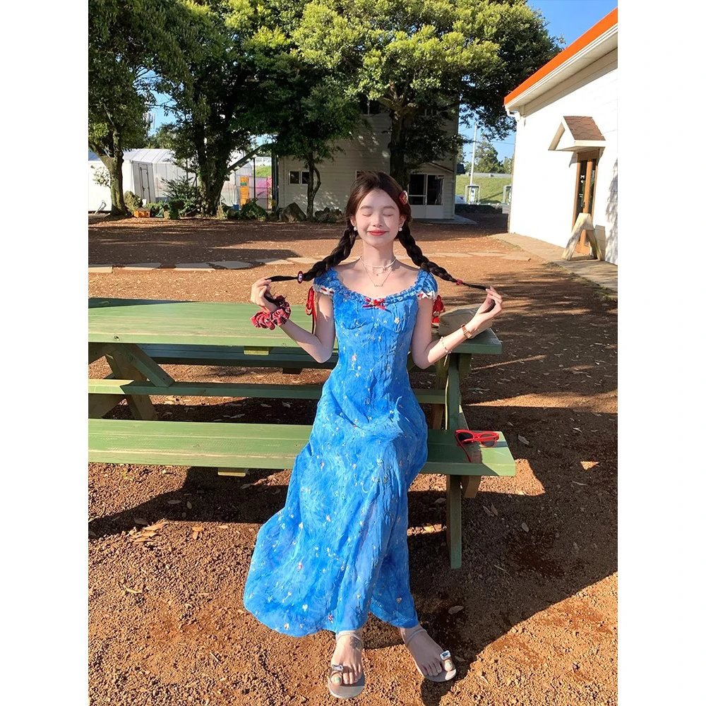 Acaine玫红蓝色奥法庄园扎染印花刺绣小飞袖吊带夏季法式气质裙子