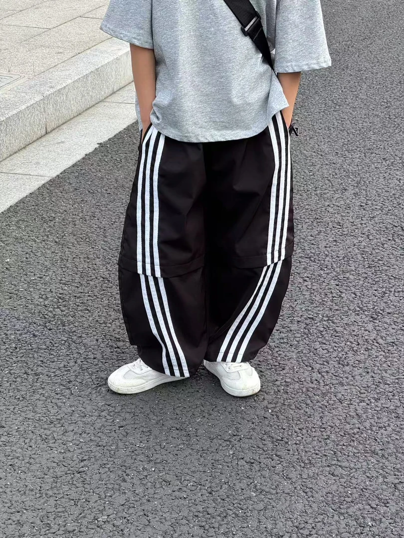儿童三条杠弯刀裤速干宽松百搭潮流夏季时尚休闲裤拼接大童86035